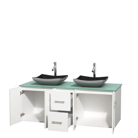 Open Vanity View with Green Glass Top and Vessel Sinks