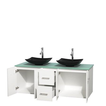 Open Vanity View with Green Glass Top and Vessel Sinks