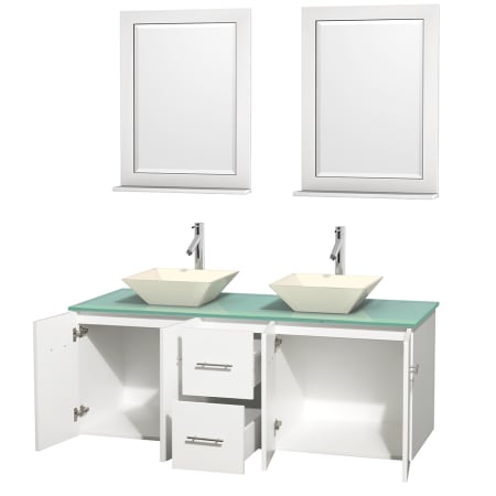 Open Vanity View with Green Glass Top, Vessel Sinks, and 24" Mirrors