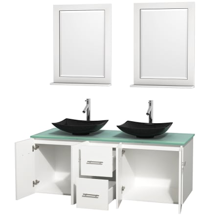 Open Vanity View with Green Glass Top, Vessel Sinks, and 24" Mirrors