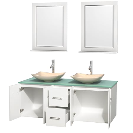 Open Vanity View with Green Glass Top, Vessel Sinks, and 24" Mirrors