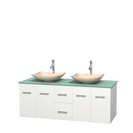 Full Vanity View with Green Glass Top and Vessel Sinks