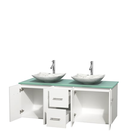 Open Vanity View with Green Glass Top and Vessel Sinks