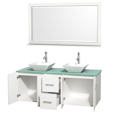 Open Vanity View with Green Glass Top, Vessel Sinks, and 58" Mirror