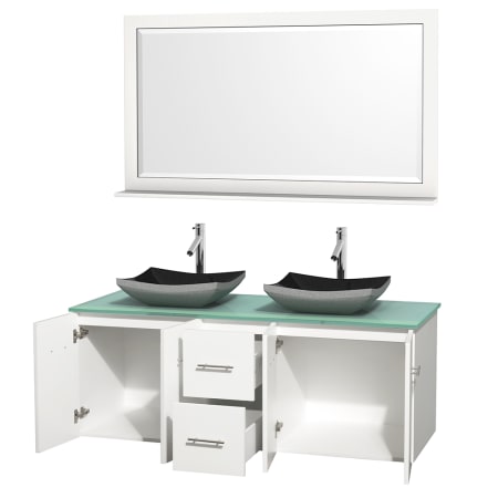 Open Vanity View with Green Glass Top, Vessel Sinks, and 58" Mirror