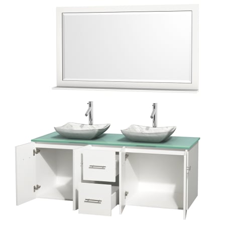 Open Vanity View with Green Glass Top, Vessel Sinks, and 58" Mirror