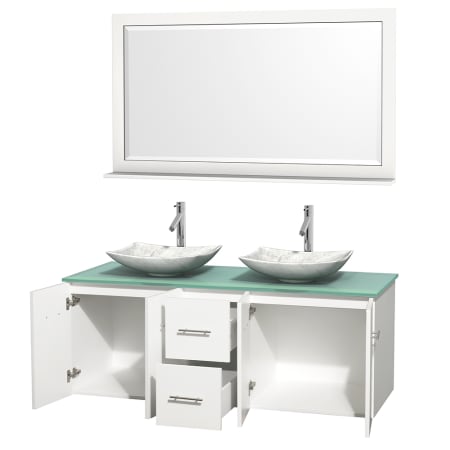 Open Vanity View with Green Glass Top, Vessel Sinks, and 58" Mirror