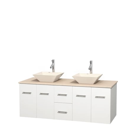 Full Vanity View with Ivory Marble Top and Vessel Sinks