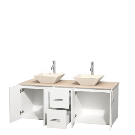 Open Vanity View with Ivory Marble Top and Vessel Sinks