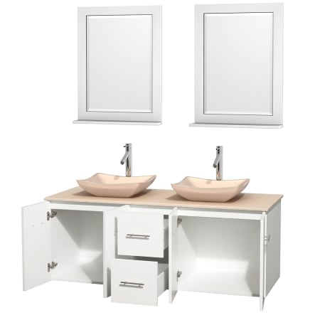 Open Vanity View with Ivory Marble Top, Vessel Sinks, and 24" Mirrors