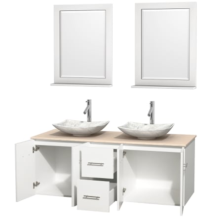 Open Vanity View with Ivory Marble Top, Vessel Sinks, and 24" Mirrors