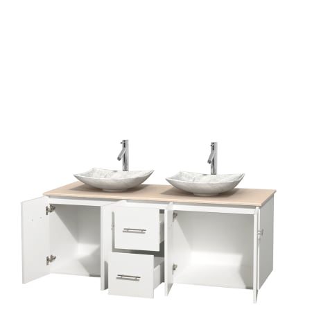 Open Vanity View with Ivory Marble Top and Vessel Sinks