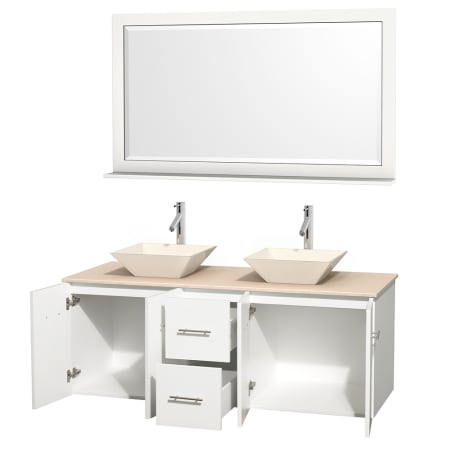 Open Vanity View with Ivory Marble Top, Vessel Sinks, and 58" Mirror