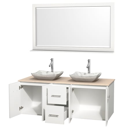 Open Vanity View with Ivory Marble Top, Vessel Sinks, and 58" Mirror