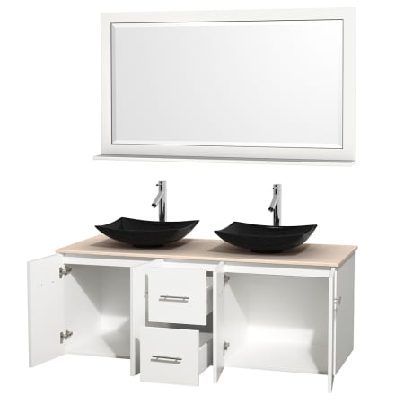 Open Vanity View with Ivory Marble Top, Vessel Sinks, and 58" Mirror