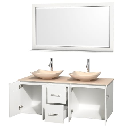 Open Vanity View with Ivory Marble Top, Vessel Sinks, and 58" Mirror