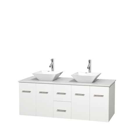 Full Vanity View with White Stone Top and Vessel Sinks