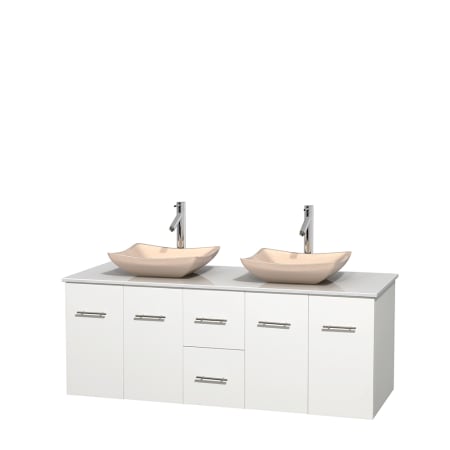 Full Vanity View with White Stone Top and Vessel Sinks