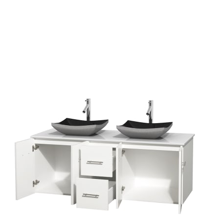 Open Vanity View with White Stone Top and Vessel Sinks