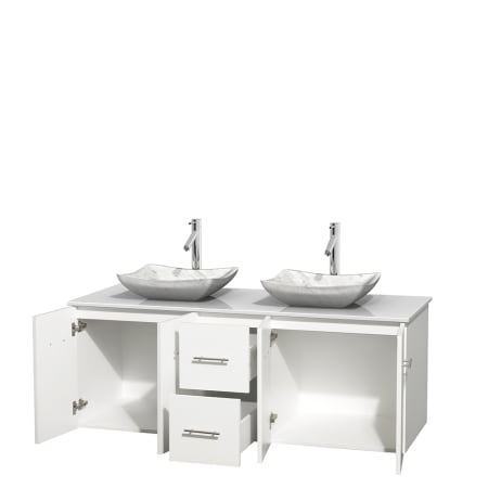 Open Vanity View with White Stone Top and Vessel Sinks