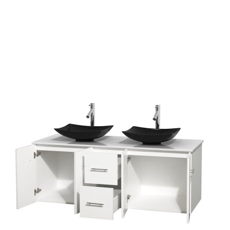 Open Vanity View with White Stone Top and Vessel Sinks