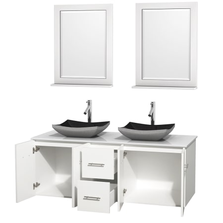 Open Vanity View with White Stone Top, Vessel Sinks, and 24" Mirrors