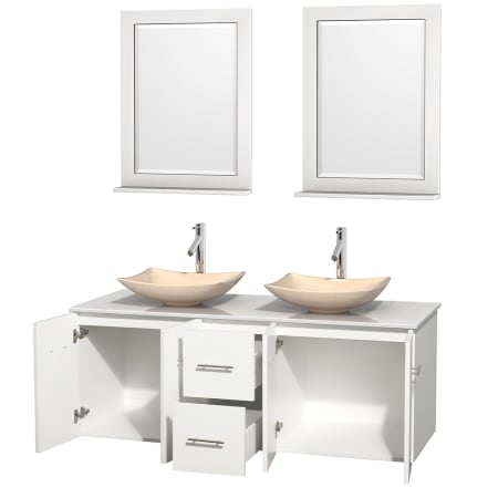 Open Vanity View with White Stone Top, Vessel Sinks, and 24" Mirrors