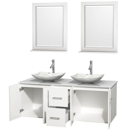 Open Vanity View with White Stone Top, Vessel Sinks, and 24" Mirrors