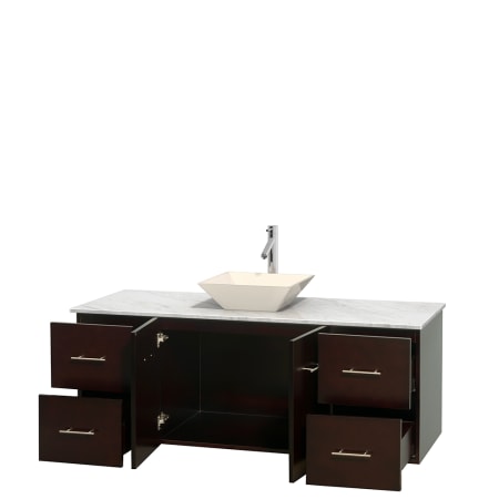 Open Vanity View with White Carrera Marble Top and Vessel Sink