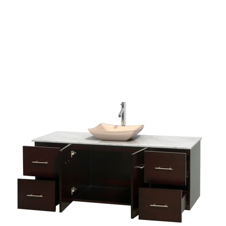 Open Vanity View with White Carrera Marble Top and Vessel Sink