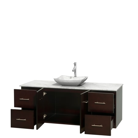 Open Vanity View with White Carrera Marble Top and Vessel Sink