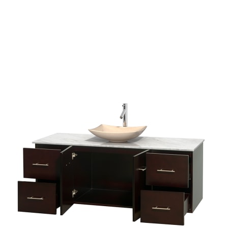 Open Vanity View with White Carrera Marble Top and Vessel Sink