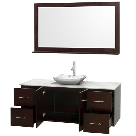 Open Vanity View with White Carrera Marble Top, Vessel Sink, and 58" Mirror