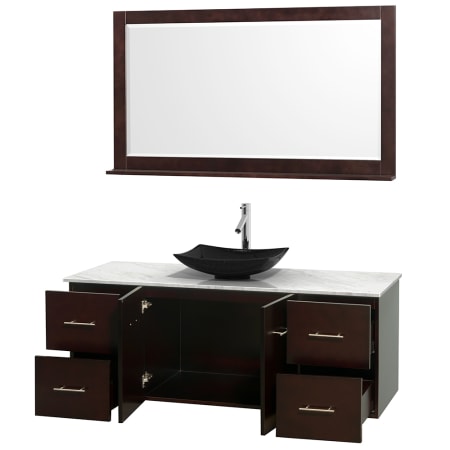 Open Vanity View with White Carrera Marble Top, Vessel Sink, and 58" Mirror