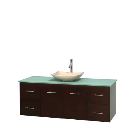 Full Vanity View with Green Glass Top and Vessel Sink