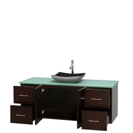 Open Vanity View with Green Glass Top and Vessel Sink