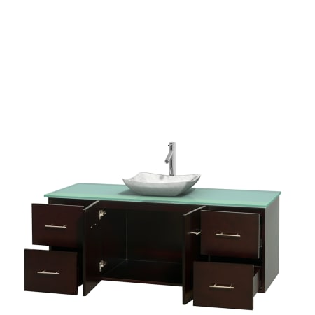 Open Vanity View with Green Glass Top and Vessel Sink