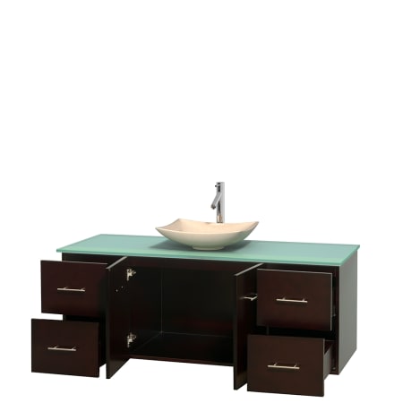 Open Vanity View with Green Glass Top and Vessel Sink