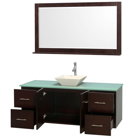 Open Vanity View with Green Glass Top, Vessel Sink, and 58" Mirror