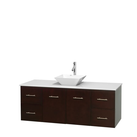 Full Vanity View with White Stone Top and Vessel Sink