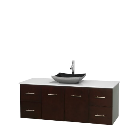 Full Vanity View with White Stone Top and Vessel Sink