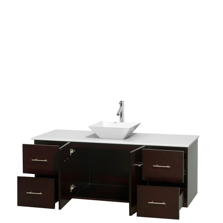 Open Vanity View with White Stone Top and Vessel Sink