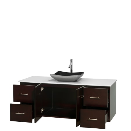 Open Vanity View with White Stone Top and Vessel Sink