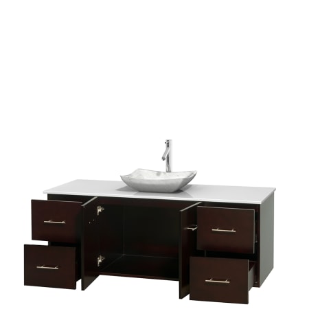 Open Vanity View with White Stone Top and Vessel Sink