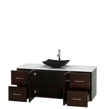 Open Vanity View with White Stone Top and Vessel Sink