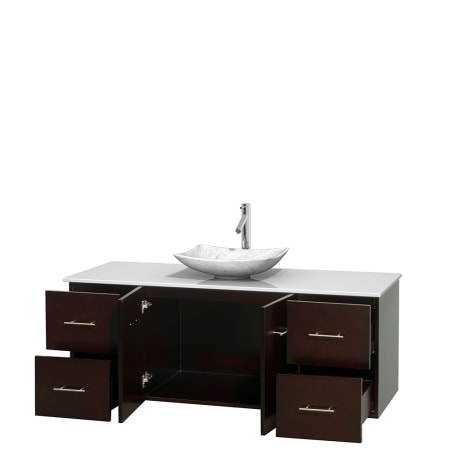 Open Vanity View with White Stone Top and Vessel Sink