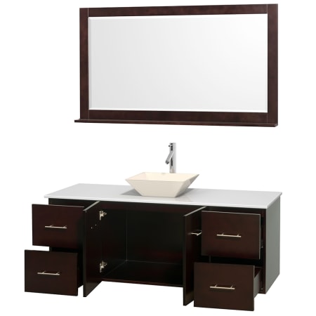 Open Vanity View with White Stone Top, Vessel Sink, and 58" Mirror