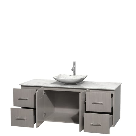 Open Vanity View with White Carrera Marble Top and Vessel Sink