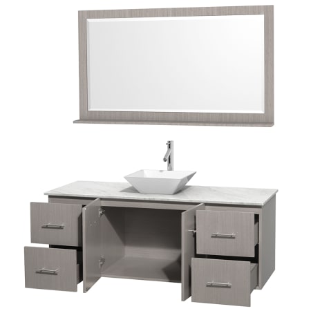 Open Vanity View with White Carrera Marble Top, Vessel Sink, and 58" Mirror