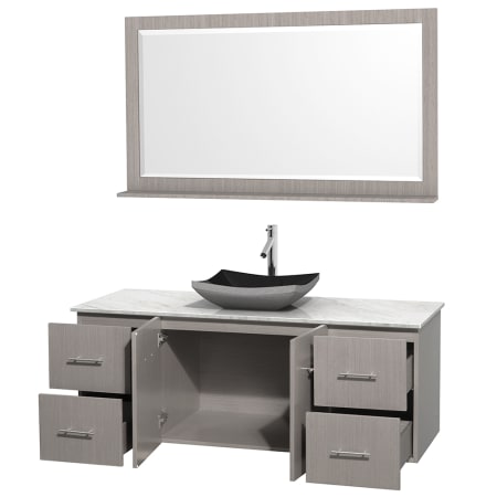 Open Vanity View with White Carrera Marble Top, Vessel Sink, and 58" Mirror